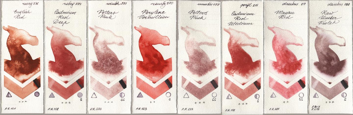 Rosa Gallery 736 English Red, 774 Cadmium Red Deep, Winsor & Newton Professional 537 Potters Pink, Roman Szmal Aquarius 370 Perylene Vermillion, Maimeri Blu 479 Potters Pink, Golden QOR 215 Cadmium Red Medium, Daniel Smith 217 Mayan Red, 098 Raw Umber Viol watercolor swatch