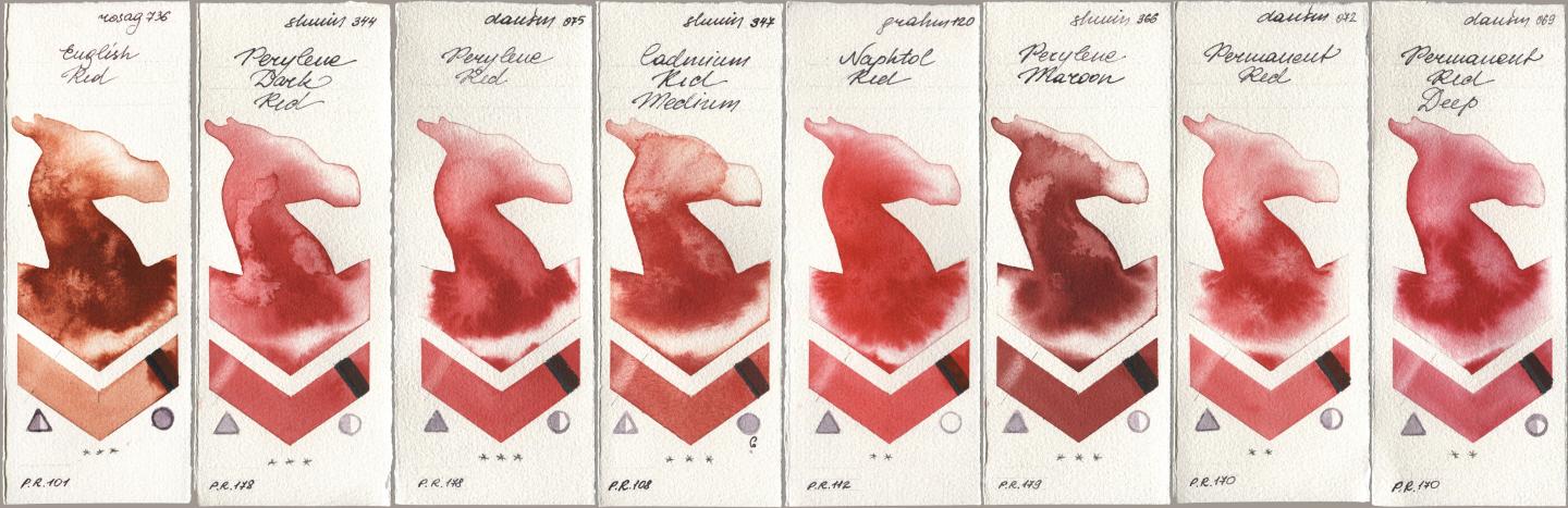 Rosa Gallery 736 English Red, Shminke Horadam Aquarell 344 Perylene Dark Red, Daniel Smith 075 Perylene Red, 347 Cadmium Red Medium, M. Graham & Co. Artists 120 Naphthol Red, 366 Perylene Maroon, 072 Permanent Red, 069 Permanent Red De watercolor swatch