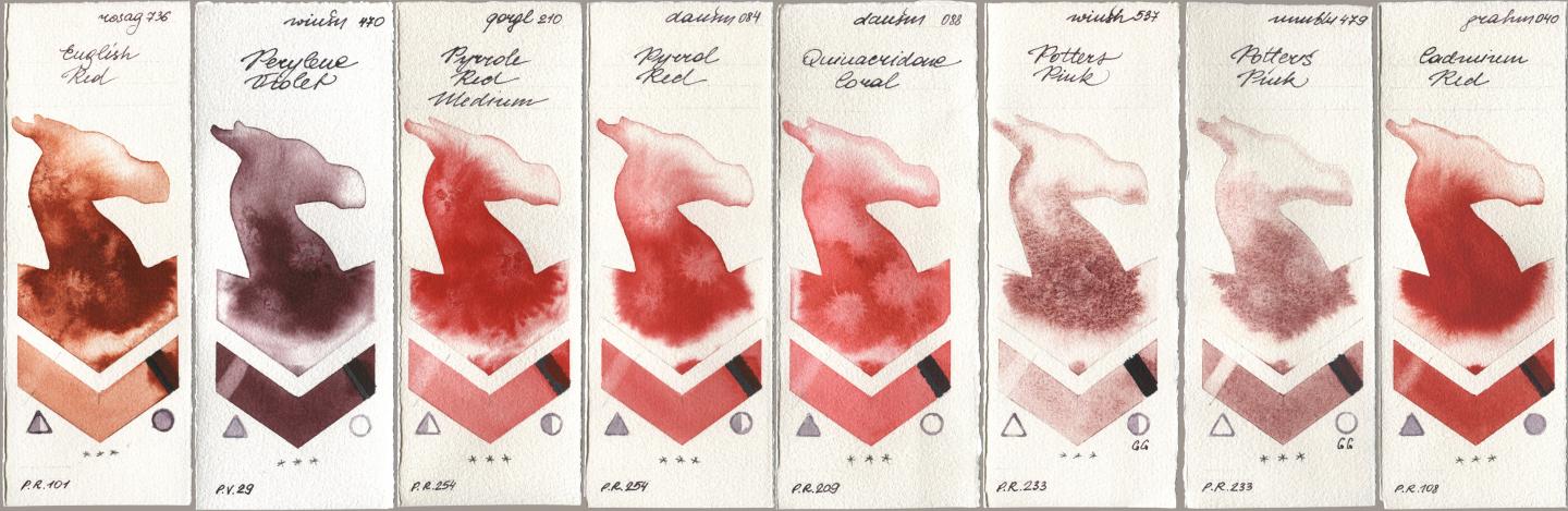 Rosa Gallery 736 English Red, Winsor & Newton Professional 470 Perylene Violet, Golden QOR 210 Pyrrole Red Medium, Daniel Smith 084 Pyrrol Red, 088 Quinacridone Coral, 537 Potters Pink, Maimeri Blu 479 Potters Pink, M. Graham & Co. Artists 040 Cadmium R watercolor swatch