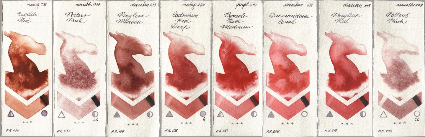 Rosa Gallery 736 English Red, Winsor & Newton Professional 537 Potters Pink, Daniel Smith 074 Perylene Maroon, 774 Cadmium Red Deep, Golden QOR 210 Pyrrole Red Medium, 088 Quinacridone Coral, 075 Perylene Red, Maimeri Blu 479 Potters Pi watercolor swatch