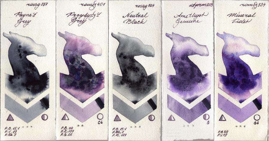 Rosa Gallery 737 Paynes Grey vs Roman Szmal Aquarius 401 Przybyszs Grey vs 724 Neutral Black vs Daniel Smith 203 Amethyst Genuine vs 334 Mineral Violet watercolor swatch