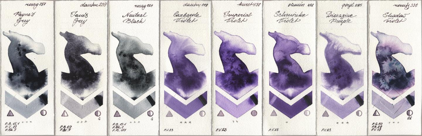 Rosa Gallery 737 Paynes Grey, Daniel Smith 239 Janes Grey, 724 Neutral Black, 019 Carbazole Violet, Kuretake Gansai Tambi 038 Imperial Violet, Shminke Horadam Aquarell 476 Schmincke Violet, Golden QOR 295 Dioxazine Purple, Roman Szmal Aquarius 336 Shadow Viol watercolor swatch