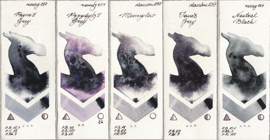 Rosa Gallery 737 Paynes Grey vs Roman Szmal Aquarius 401 Przybyszs Grey vs Daniel Smith 057 Moonglow vs 239 Janes Grey vs 724 Neutral Black watercolor swatch