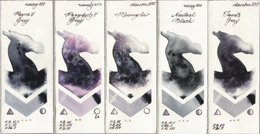 Rosa Gallery 737 Paynes Grey vs Roman Szmal Aquarius 401 Przybyszs Grey vs Daniel Smith 057 Moonglow vs 724 Neutral Black vs 239 Janes Grey watercolor swatch
