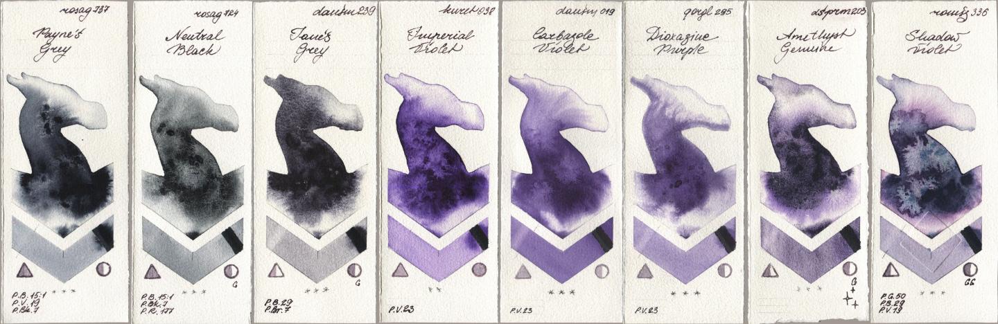 Rosa Gallery 737 Paynes Grey, 724 Neutral Black, Daniel Smith 239 Janes Grey, Kuretake Gansai Tambi 038 Imperial Violet, 019 Carbazole Violet, Golden QOR 295 Dioxazine Purple, 203 Amethyst Genuine, Roman Szmal Aquarius 336 Shadow Viol watercolor swatch