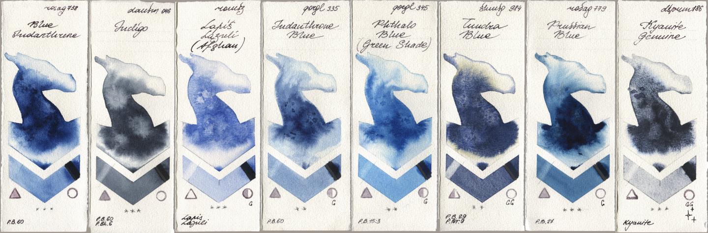 Rosa Gallery 738 Blue Indanthrene, Daniel Smith 046 Indigo, Roman Szmal Aquarius 999 Lapis Lazuli Afghan, Golden QOR 335 Indanthrone Blue, 345 Phthalo Blue (Green Shade), Shminke Horadam Aquarell 984 Tundra Blue, 779 Prussian Blue, 186 Kyanite Genui watercolor swatch