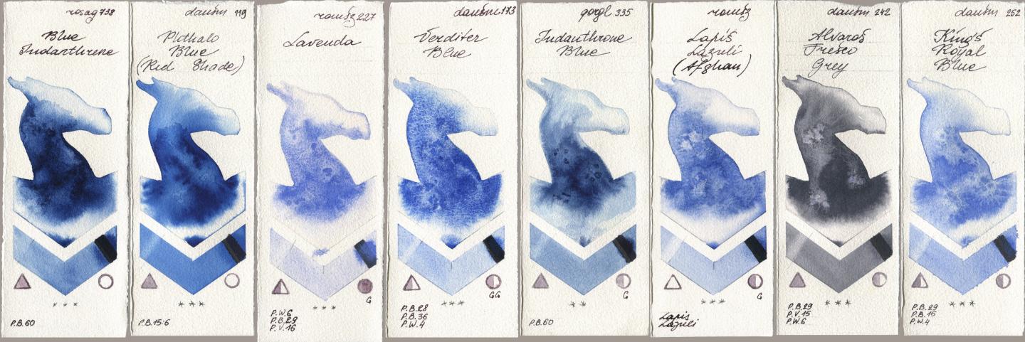 Rosa Gallery 738 Blue Indanthrene, Daniel Smith 119 Phthalo Blue (Red Shade), Roman Szmal Aquarius 227 Lavenda, 173 Verditer Blue, Golden QOR 335 Indanthrone Blue, 999 Lapis Lazuli Afghan, 242 Alvaros Fresco Grey, 252 King’s Royal Bl watercolor swatch