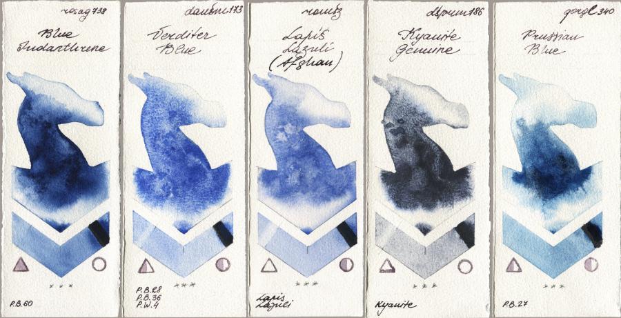 Rosa Gallery 738 Blue Indanthrone vs Daniel Smith 173 Verditer Blue vs Roman Szmal Aquarius 999 Lapis Lazuli Afghan vs 186 Kyanite Genuine vs Golden QOR 340 Prussian Blue watercolor swatch