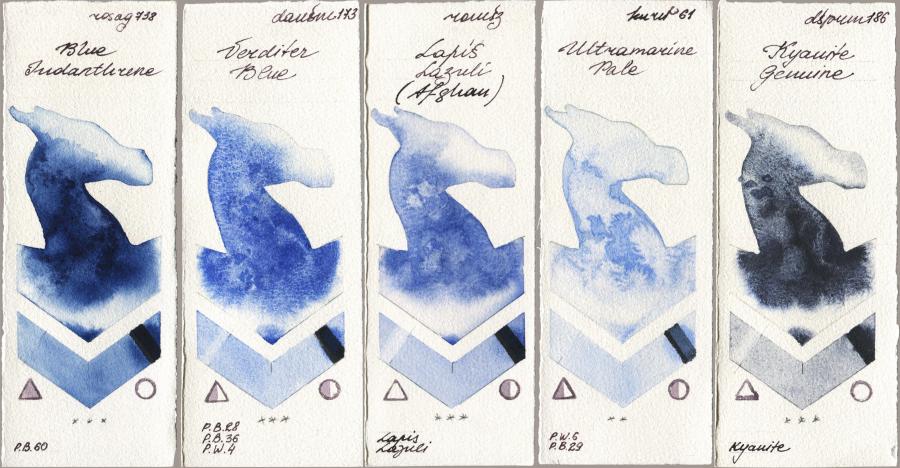 Rosa Gallery 738 Blue Indanthrone vs Daniel Smith 173 Verditer Blue vs Roman Szmal Aquarius 999 Lapis Lazuli Afghan vs Kuretake Gansai Tambi 061 Ultramatire Pale vs 186 Kyanite Genuine watercolor swatch