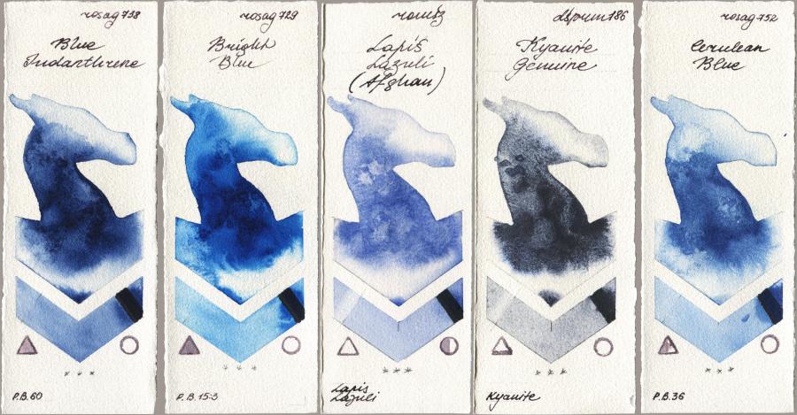 Rosa Gallery 738 Blue Indanthrone vs 729 Bright Blue vs Roman Szmal Aquarius 999 Lapis Lazuli Afghan vs Daniel Smith 186 Kyanite Genuine vs 752 Cerulean Blue watercolor swatch