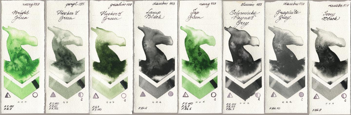 Rosa Gallery 739 Bright Green, Golden QOR 395 Hookers Green, M. Graham & Co. Artists 108 Hookers Green, Daniel Smith 003 Lamp Black, 728 Sap Green, Shminke Horadam Aquarell 783 Schmincke Paynes Grey, 038 Graphite Gray, Royal Talens Rembrandt Watercolour 701 Ivory Bla watercolor swatch