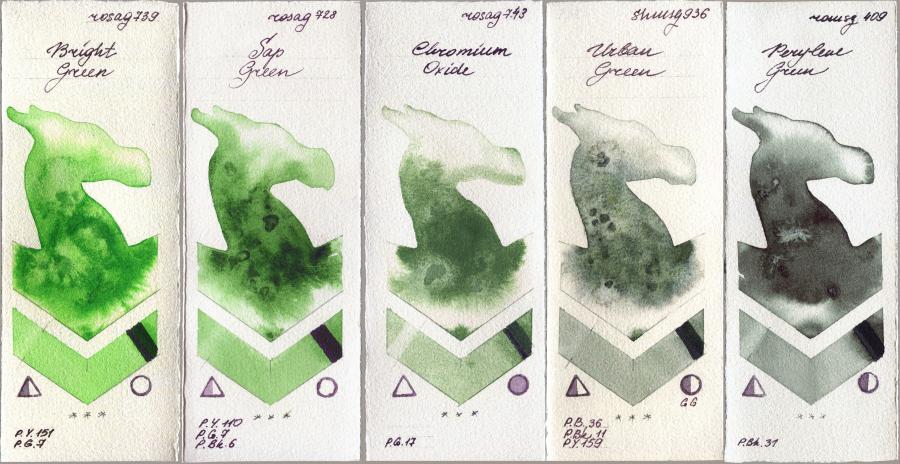 Rosa Gallery 739 Bright Green vs 728 Sap Green vs 743 Chromium Oxide vs Shminke Horadam Aquarell 936 Urban Green vs Roman Szmal Aquarius 409 Perylene Green watercolor swatch