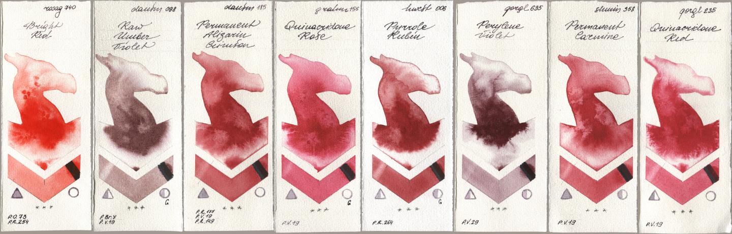 Rosa Gallery 740 Bright Red, Daniel Smith 098 Raw Umber Violet, 185 Permanent Alizarin Crimson, M. Graham & Co. Artists 156 Quinacridone Rose, Holbein Artists Watercolor 006 Pyrrole Rubin, Golden QOR 635 Perylene Violet, Shminke Horadam Aquarell 353 Permanent Carmine, 235 Quinacridone R watercolor swatch