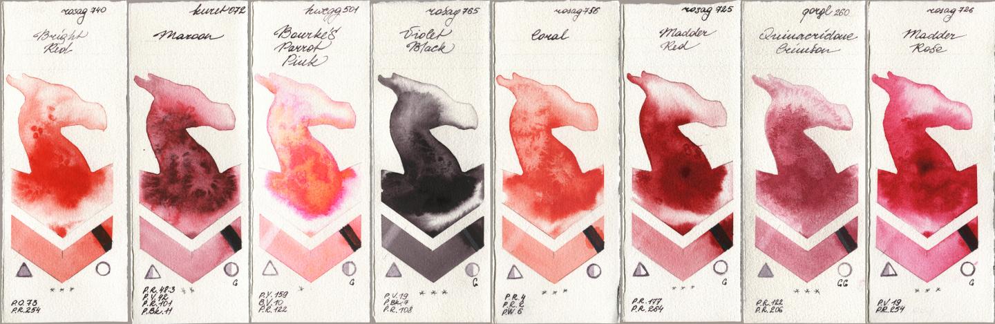 Rosa Gallery 740 Bright Red, Kuretake Gansai Tambi 072 Maroon, Holbein Artists Watercolor 501 Bourkes Parrot Pink, 765 Violet Black, 756 Coral, 725 Madder Red, Golden QOR 260 Quinacridone Crimson, 726 Madder Ro watercolor swatch