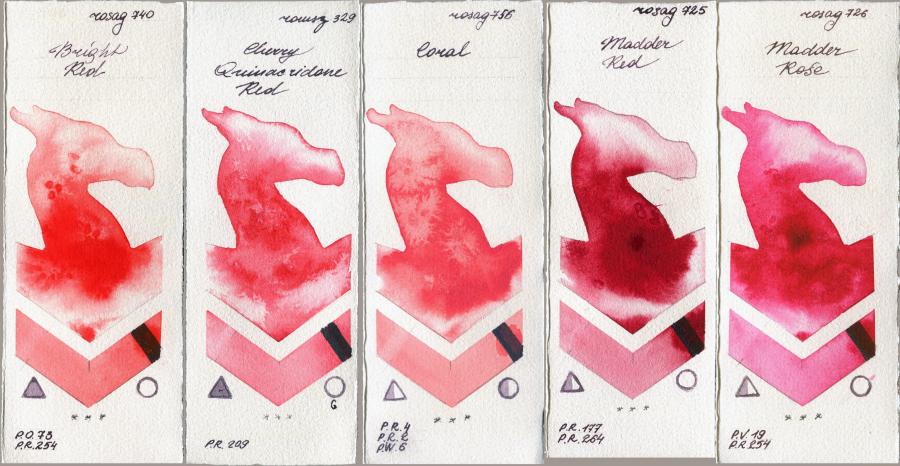 Rosa Gallery 740 Bright Red vs Roman Szmal Aquarius 329 Cherry Quinacridone Red vs 756 Coral vs 725 Madder Red vs 726 Madder Rose watercolor swatch