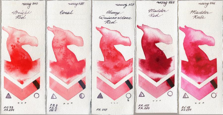 Rosa Gallery 740 Bright Red vs 756 Coral vs Roman Szmal Aquarius 329 Cherry Quinacridone Red vs 725 Madder Red vs 726 Madder Rose watercolor swatch