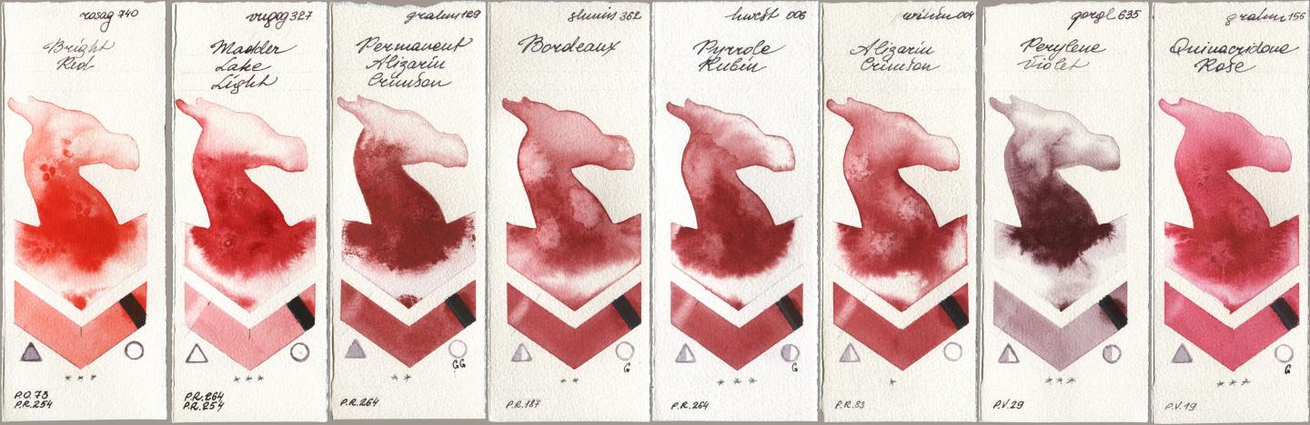 Rosa Gallery 740 Bright Red, Royal Talens Van Gogh Watercolour 327 Madder Lake Light, M. Graham & Co. Artists 129 Permanent Alizarin Crimson, Shminke Horadam Aquarell 362 Bordeaux, Holbein Artists Watercolor 006 Pyrrole Rubin, Winsor & Newton Professional 004 Alizarin Crimson, Golden QOR 635 Perylene Violet, 156 Quinacridone Ro watercolor swatch