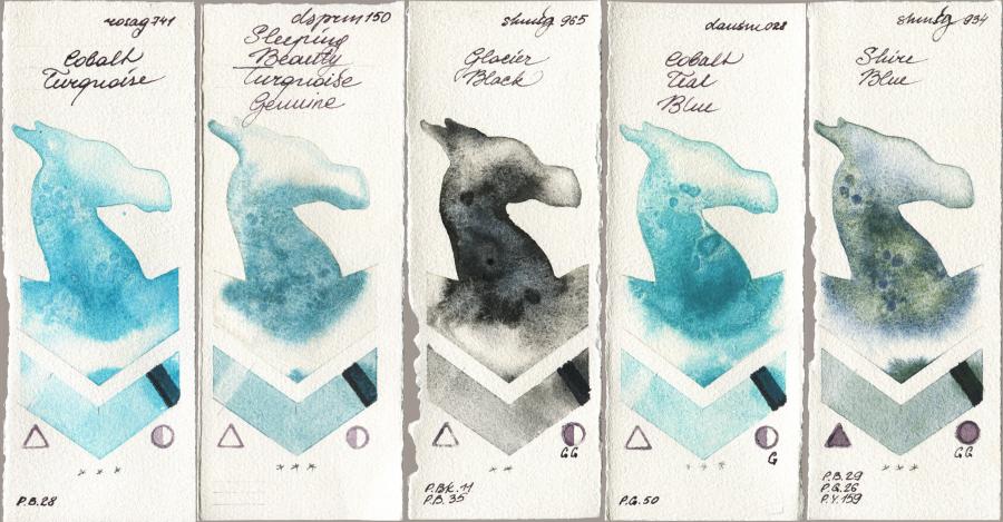 Rosa Gallery 741 Cobalt Turquoise vs Daniel Smith 150 Sleeping Beauty Turquoise Genuine vs Shminke Horadam Aquarell 965 Glacier Black vs 028 Cobalt Teal Blue vs 934 Shire Blue watercolor swatch
