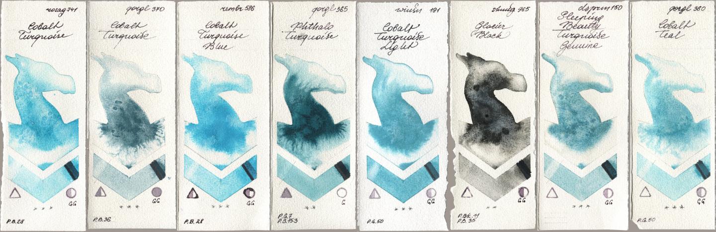 Rosa Gallery 741 Cobalt Turquoise, Golden QOR 370 Cobalt Turquoise, Royal Talens Rembrandt Watercolour 586 Cobalt Turquoise Blue, 365 Phthalo Turquoise, Winsor & Newton Professional 191 Cobalt Turquoise Light, Shminke Horadam Aquarell 965 Glacier Black, Daniel Smith 150 Sleeping Beauty Turquoise Genuine, 360 Cobalt Te watercolor swatch