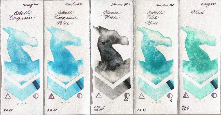 Rosa Gallery 741 Cobalt Turquoise vs Royal Talens Rembrandt Watercolour 586 Cobalt Turquoise Blue vs Shminke Horadam Aquarell 965 Glacier Black vs Daniel Smith 028 Cobalt Teal Blue vs 754 Mint watercolor swatch