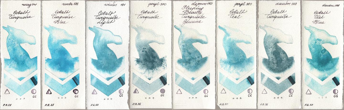 Rosa Gallery 741 Cobalt Turquoise, Royal Talens Rembrandt Watercolour 586 Cobalt Turquoise Blue, Winsor & Newton Professional 191 Cobalt Turquoise Light, Golden QOR 370 Cobalt Turquoise, Daniel Smith 150 Sleeping Beauty Turquoise Genuine, 360 Cobalt Teal, 029 Cobalt Turquoise, 028 Cobalt Teal Bl watercolor swatch