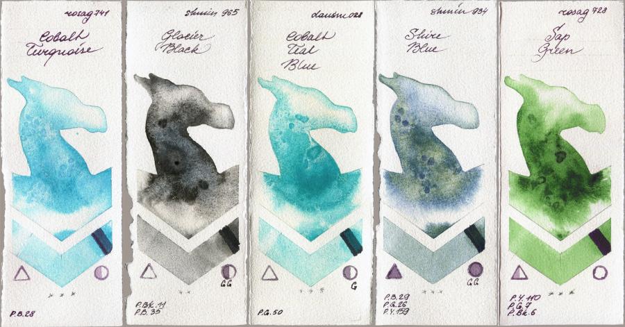 Rosa Gallery 741 Cobalt Turquoise vs Shminke Horadam Aquarell 965 Glacier Black vs Daniel Smith 028 Cobalt Teal Blue vs 934 Shire Blue vs 728 Sap Green watercolor swatch