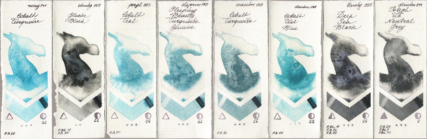 Rosa Gallery 741 Cobalt Turquoise, Shminke Horadam Aquarell 965 Glacier Black, Golden QOR 360 Cobalt Teal, Daniel Smith 150 Sleeping Beauty Turquoise Genuine, 029 Cobalt Turquoise, 028 Cobalt Teal Blue, 955 Deep Sea Black, 244 Joseph Zs Neutral Gr watercolor swatch