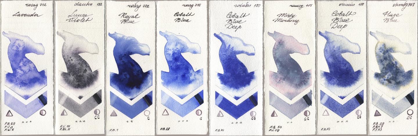 Rosa Gallery 742 Lavender, Daniel Smith 182 Lunar Violet, 782 Royal Blue, 716 Cobalt Blue, Winsor & Newton Professional 180 Cobalt Blue Deep, Roman Szmal Aquarius 415 Misty Morning, Shminke Horadam Aquarell 488 Cobalt Blue Deep, 967 Haze Bl watercolor swatch