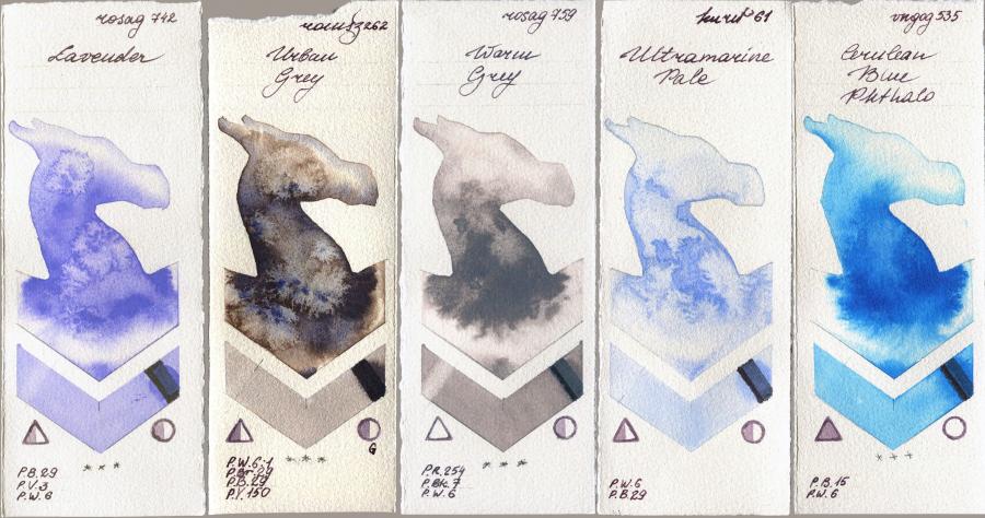 Rosa Gallery 742 Lavender vs Roman Szmal Aquarius 262 Urban Grey vs 759 Warm Grey vs Kuretake Gansai Tambi 61 Ultramatire Pale vs Royal Talens Van Gogh Watercolour 535 Cerulean Blue Phthalo watercolor swatch