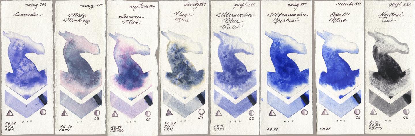 Rosa Gallery 742 Lavender, Roman Szmal Aquarius 415 Misty Morning, Mijello Mission Gold 814 Aurora Pink, Shminke Horadam Aquarell 967 Haze Blue, Golden QOR 316 Ultramarine Blue Violet, 777 Ultramarine Spectral, Royal Talens Rembrandt Watercolour 511 Cobalt Blue, 520 Neutral Ti watercolor swatch