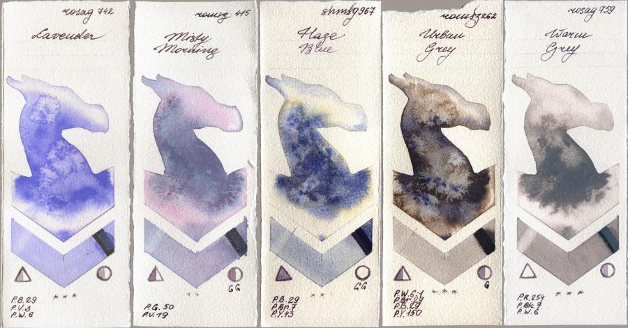 Rosa Gallery 742 Lavender vs Roman Szmal Aquarius 415 Misty Morning vs Shminke Horadam Aquarell 967 Haze Blue vs 262 Urban Grey vs 759 Warm Grey watercolor swatch