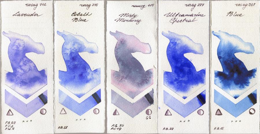 Rosa Gallery 742 Lavender vs 716 Cobalt Blue vs Roman Szmal Aquarius 415 Misty Morning vs 777 Ultramarine Spectral vs 718 Blue watercolor swatch