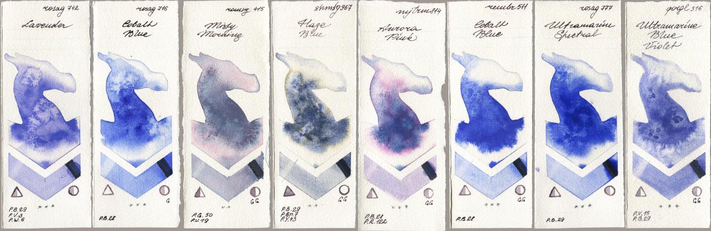 Rosa Gallery 742 Lavender, 716 Cobalt Blue, Roman Szmal Aquarius 415 Misty Morning, Shminke Horadam Aquarell 967 Haze Blue, Mijello Mission Gold 814 Aurora Pink, Royal Talens Rembrandt Watercolour 511 Cobalt Blue, 777 Ultramarine Spectral, Golden QOR 316 Ultramarine Blue Viol watercolor swatch