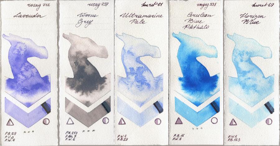 Rosa Gallery 742 Lavender vs 759 Warm Grey vs Kuretake Gansai Tambi 61 Ultramatire Pale vs Van Gogh Watercolour 535 Cerulean Blue Phthalo vs 69 Horizon Blue watercolor swatch