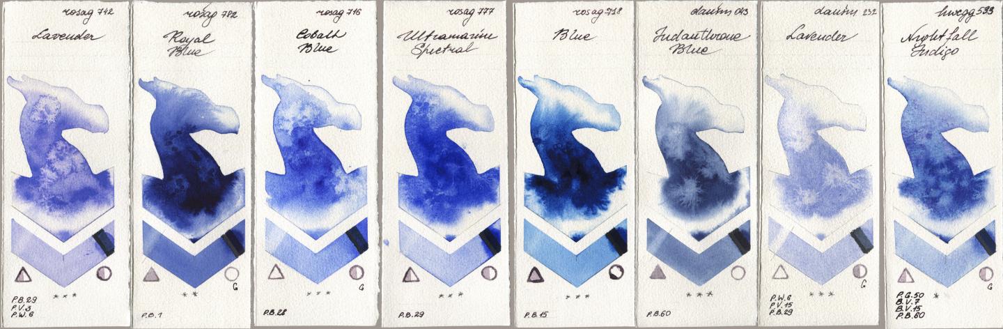 Rosa Gallery 742 Lavender, 782 Royal Blue, 716 Cobalt Blue, 777 Ultramarine Spectral, 718 Blue, Daniel Smith 043 Indanthrone Blue, 232 Lavender, Holbein Artists Watercolor 533 Nightfall Indi watercolor swatch