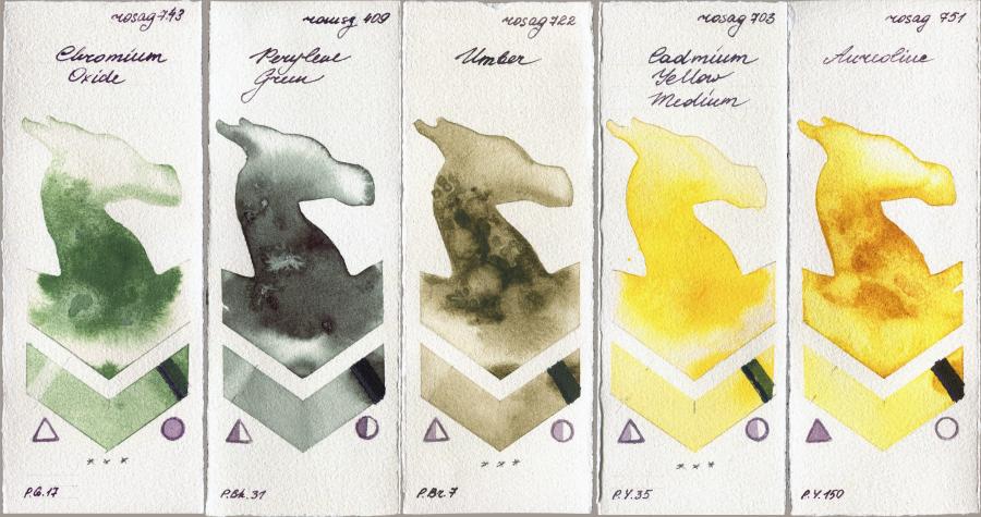 Rosa Gallery 743 Chromium Oxide vs Roman Szmal Aquarius 409 Perylene Green vs 722 Umber vs 703 Cadmium Yellow Medium vs 751 Aureoline watercolor swatch