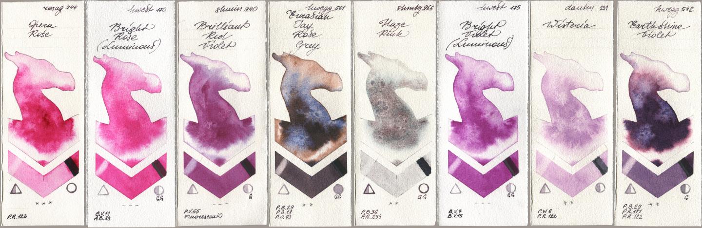 Rosa Gallery 744 Opera Rose, Holbein Artists Watercolor 170 Bright Rose (Luminous), Shminke Horadam Aquarell 940 Brilliant Red Violet, 561 Eurasian Jay Rose Grey, 966 Haze Pink, 175 Bright Violet (Luminous), Daniel Smith 231 Wisteria, 542 Earthshine Viol watercolor swatch