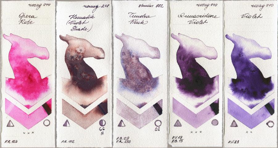 Rosa Gallery 744 Opera Rose vs Roman Szmal Aquarius 248 Hematite (Violet Shade) vs Shminke Horadam Aquarell 982 Tundra Pink vs 749 Quinacridone Violet vs 710 Violet watercolor swatch