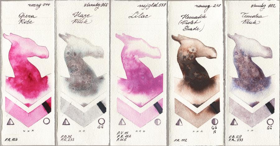 Rosa Gallery 744 Opera Rose vs Shminke Horadam Aquarell 966 Haze Pink vs Mijello Mission Gold 558 Lilac vs Roman Szmal Aquarius 248 Hematite (Violet Shade) vs 982 Tundra Pink watercolor swatch