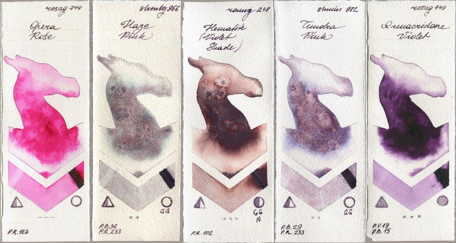 Rosa Gallery 744 Opera Rose vs Shminke Horadam Aquarell 966 Haze Pink vs Roman Szmal Aquarius 248 Hematite (Violet Shade) vs 982 Tundra Pink vs 749 Quinacridone Violet watercolor swatch