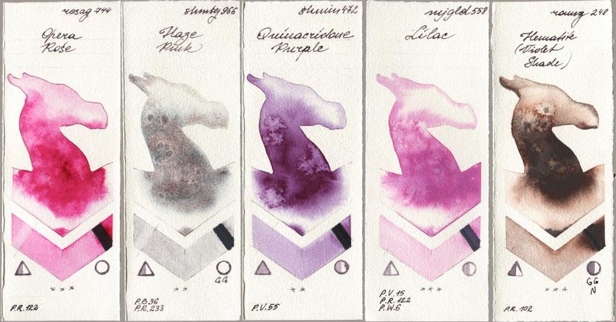 Rosa Gallery 744 Opera Rose vs Shminke Horadam Aquarell 966 Haze Pink vs 472 Quinacridone Purple vs Mijello Mission Gold 558 Lilac vs Roman Szmal Aquarius 248 Hematite (Violet Shade) watercolor swatch