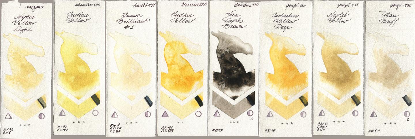 Rosa Gallery 745 Naples Yellow Light, Daniel Smith 045 Indian Yellow, Holbein Artists Watercolor 031 Jaune Brilliant No 1, Shminke Horadam Aquarell 220 Indian Yellow, 110 Van Dyck Brown, Golden QOR 170 Cadmium Yellow Deep, 435 Naples Yellow, 430 Titan Bu watercolor swatch