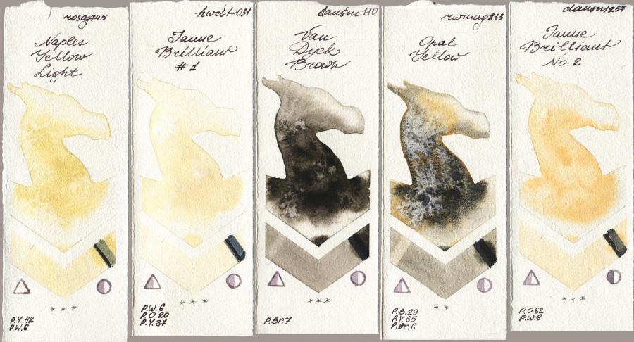 Rosa Gallery 745 Naples Yellow Light vs Holbein Artists Watercolor 031 Jaune Brilliant No 1 vs Daniel Smith 110 Van Dyck Brown vs Rockwell 233 Opal Yellow vs 257 Jaune Brilliant No 2 watercolor swatch