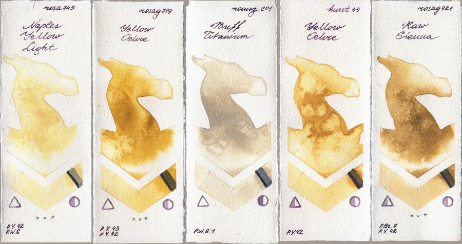 Rosa Gallery 745 Naples Yellow Light vs 719 Yellow Ochre vs Roman Szmal Aquarius 201 Buff Titanium vs Kuretake Gansai Tambi 44 Yellow Ochre vs 721 Raw Sienna watercolor swatch