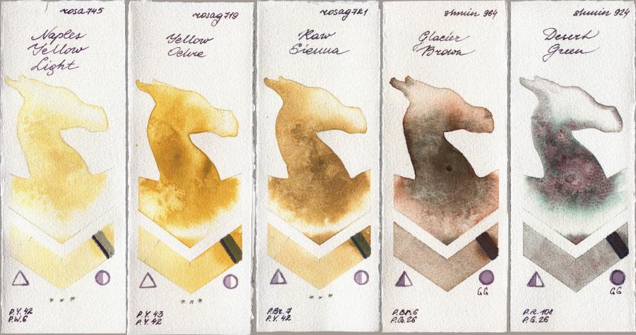 Rosa Gallery 745 Naples Yellow Light vs 719 Yellow Ochre vs 721 Raw Sienna vs Shminke Horadam Aquarell 964 Glacier Brown vs 924 Desert Green watercolor swatch