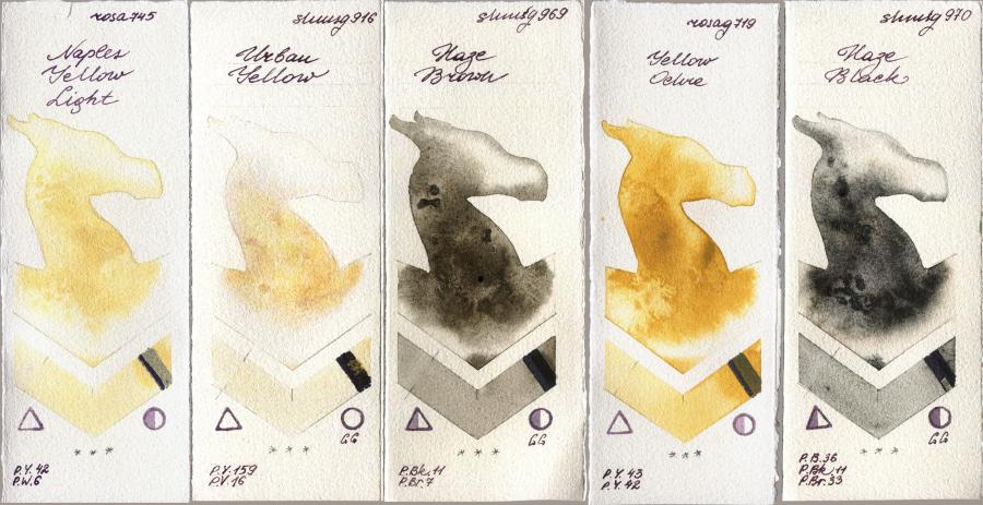 Rosa Gallery 745 Naples Yellow Light vs Shminke Horadam Aquarell 916 Urban Yellow vs 969 Haze Brown vs 719 Yellow Ochre vs 970 Haze Black watercolor swatch