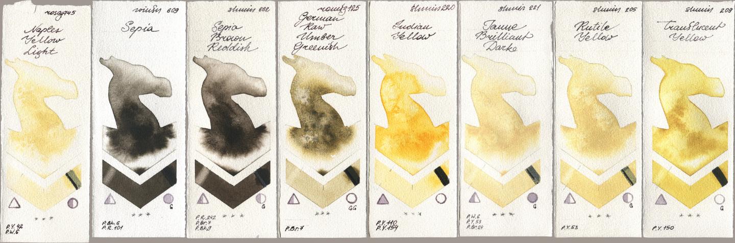 Rosa Gallery 745 Naples Yellow Light, Winsor & Newton Professional 609 Sepia, Shminke Horadam Aquarell 662 Sepia Brown Reddish, Roman Szmal Aquarius 125 German Raw Umber Greenish, 220 Indian Yellow, 221 Brilliant Yellow Dark (Jaune Brilliant Dark), 205 Rutile Yellow, 209 Translucent Yell watercolor swatch