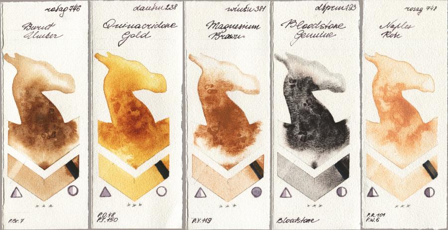 Rosa Gallery 746 Burnt Umber vs Daniel Smith 238 Quinacridone Gold vs Winsor & Newton Professional 381 Magnesuim Brown vs 193 Bloodstone Genuine vs 748 Naples Rose watercolor swatch