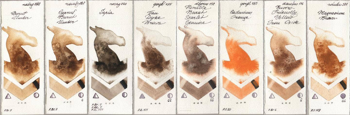 Rosa Gallery 746 Burnt Umber, Roman Szmal Aquarius 128 Cyprus Burnt Umber, 720 Sepia, Golden QOR 495 Van Dyke Brown, Daniel Smith 158 Hematite Burnt Scarlet Genuine, 180 Cadmium Orange, 176 Enviro-Friendly Yellow Iron Oxide, Winsor & Newton Professional 381 Magnesuim Bro watercolor swatch
