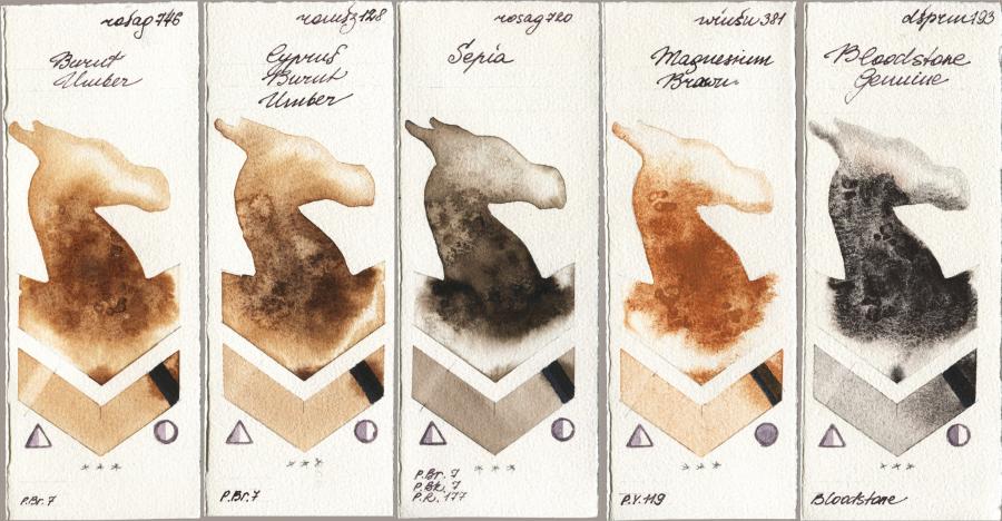 Rosa Gallery 746 Burnt Umber vs Roman Szmal Aquarius 128 Cyprus Burnt Umber vs 720 Sepia vs Winsor & Newton Professional 381 Magnesuim Brown vs Daniel Smith 193 Bloodstone Genuine watercolor swatch